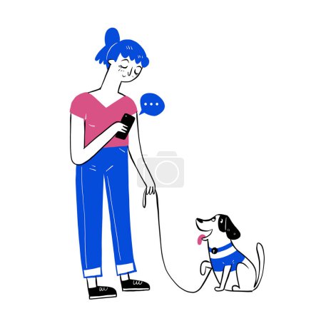 La chica bonita paseando a su perro en el parque con una correa mientras envía mensajes de texto en su teléfono inteligente. Ilustración vectorial dibujada a mano estilo garabato.