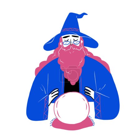 Wizard looking in crystal ball to predict future. Hand drawn vector illustration