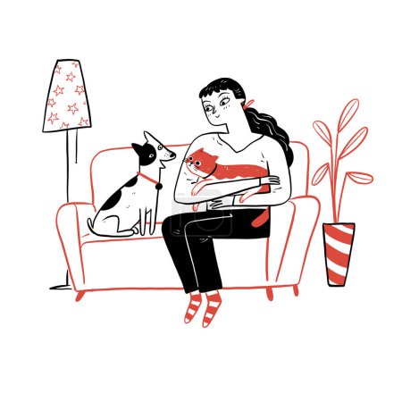 Young woman wearing casual wear is resting with a cat and dog on the armchair at home one autumn day. Hand drawn vector illustration doodle style.