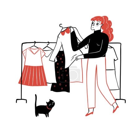 Illustration for Sale, shopping, fashion, style and people concept - happy young woman choosing clothes. Hand drawn vector illustration doodle style. - Royalty Free Image