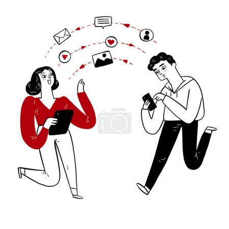 Internet data transfer mobile or tablet. People use smartphones sharing picture, song, messages to each other. Hand drawn vector illustration doodle style.