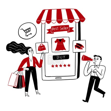 Illustration for Pretty woman shopping online with mobile phone a man shouting through megaphone to promoting or selling. Hand drawn vector illustration doodle style. - Royalty Free Image