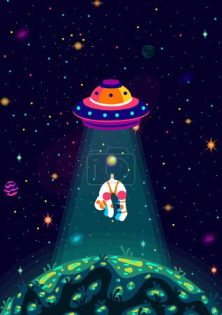 Photo for UFO abducts astronaut colorful poster illustration. Alien UFO saucer flying above Earth. High quality illustration - Royalty Free Image
