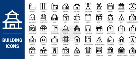 Building icon set. 50 icon containing home, condo, stadium, bungalow, airport and more. Vector illustration