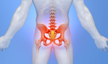 Photo for Lower spine lumbar region with red glow indicating pain on muscular male body - Royalty Free Image