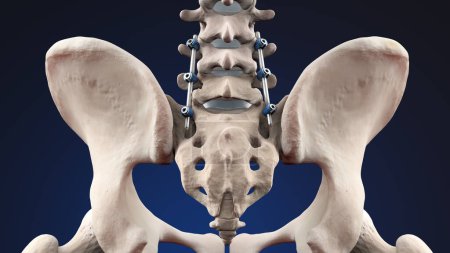 Foto de Ilustración médica 3D de la fusión lumbar posterior con tornillos y varillas de pedículo en la columna vertebral humana - Imagen libre de derechos