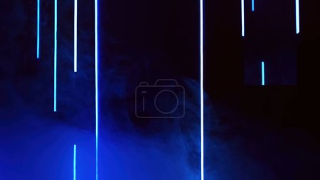 Téléchargez les photos : Blur laser glow. Color fog. Disco illumination. Defocused neon blue light smoke floating on dark black abstract free space futuristic background. - en image libre de droit