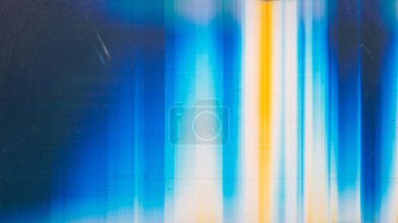 Foto de Color glow overlay. Dust scratch texture. Weathered surface. Orange blue white rainbow light leak smeared dirt stains on dark abstract empty space background. - Imagen libre de derechos