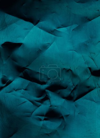 Photo for Crumpled texture. Dust scratches noise. Creased foil overlay. Dirt stain defect on teal blue color distressed wrinkled grunge abstract background. - Royalty Free Image