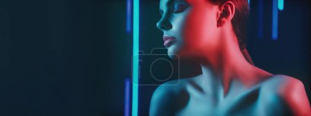 Photo for 90s beauty. Neon face. Disco fashion look. Blue red color light profile portrait of relaxed woman model with artistic makeup closed eyes on dark copy space background. - Royalty Free Image