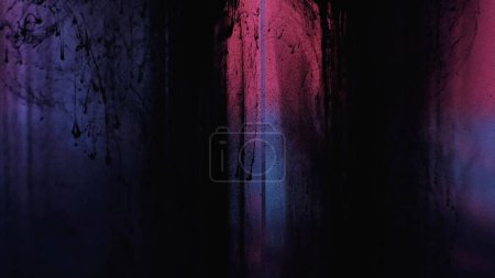 Photo for Ink drip. Paint splash. Fluid drops. Defocused black mist arch fume dust floating on dark pink blue color abstract background. - Royalty Free Image