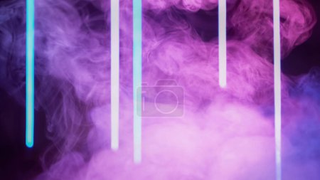 Foto de Neon smoke. Blur color light. Disco ultraviolet. Defocused pink blue purple glowing haze cloud on dark abstract free space background. - Imagen libre de derechos