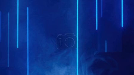 Téléchargez les photos : Neon light. Color vapor. Luminous rays. Defocused blue fluorescent laser lines glow smoke on dark abstract free space presentation background. - en image libre de droit
