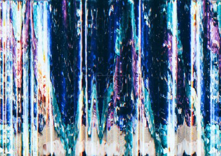 Foto de Distortion noise. Glitch art. Frequency error. Purple blue white iridescent color artifacts on black illustration abstract background. - Imagen libre de derechos