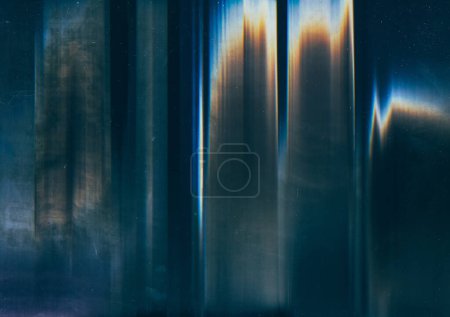 Téléchargez les photos : Old film. Retro overlay. Distressed texture. Blue orange color light flare dust scratches on dark weathered illustration abstract background. - en image libre de droit