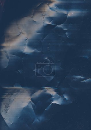 Foto de Old film. Aged overlay. Crushed texture. Blue orange defect dust scratch noise on dark wrinkled worn foil grunge abstract illustration background. - Imagen libre de derechos