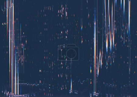 Téléchargez les photos : Glitch overlay. Color noise. Static frequency. Purple blue orange grain digital artifacts on dark black illustration abstract background. - en image libre de droit