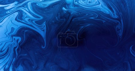 Photo for Ink water. Fluid mix. Marble texture. Ocean swirl. Dark blue color liquid oil paint blend wave abstract art background with free space. - Royalty Free Image