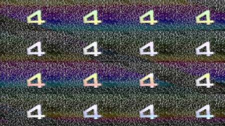 Photo for TV channel analog glitch. Signal interference. Pink yellow blue color VHS grain static noise distortion white number 4 pattern abstract illustration background. - Royalty Free Image