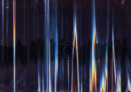 Photo for Distortion overlay. Old film. Glitch noise. Purple blue orange white color artifacts dust scratches texture on dark black illustration abstract background. - Royalty Free Image