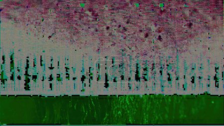 Photo for Glitch distortion. Digital artifacts. System error. Pink green color pixel grain static noise signal interference abstract illustration background. - Royalty Free Image