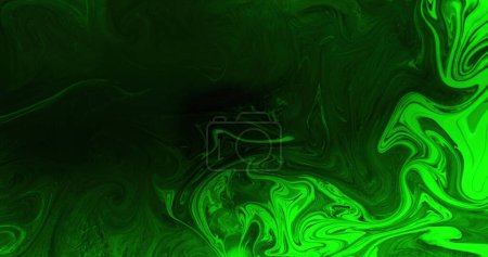 Photo for Fluid mix. Ink water. Acid liquid. Toxic poison. Neon green black color glowing oil paint blend marble swirl texture dark abstract art background. - Royalty Free Image