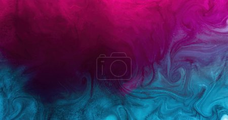 Foto de Mezcla de fluidos. Agua de tinta. Remolino de pintura. Brillante rosa azul contraste color líquido mezcla curva onda patrón abstracto arte fondo con espacio libre. - Imagen libre de derechos