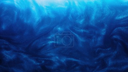 Photo for Glitter fluid. Paint water. Ink wave. Sea storm. Blue color glowing shimmering dust particles smoke cloud abstract art background. - Royalty Free Image
