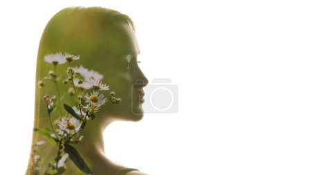 Photo for Nature beauty. Organic cosmetology. Double exposure white green chamomile plant flowers woman face profile silhouette on white empty space background. - Royalty Free Image