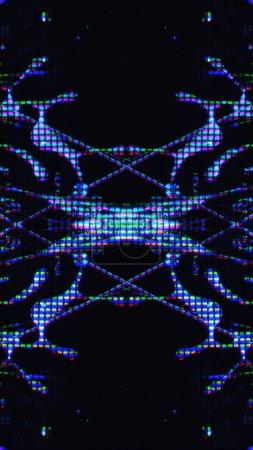 Photo for Glitch design. Digital art. Electronic fractal. Fluorescent purple blue color light liquid crystal pixel artifacts symmetrical pattern on dark black abstract illustration background. - Royalty Free Image