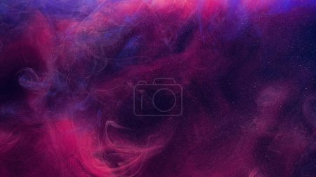 Photo for Glitter mist. Color vapor texture. Ink water mix. Fantasy sky. Neon pink blue shiny sparkling particles smoke floating on dark abstract art background with free space. - Royalty Free Image