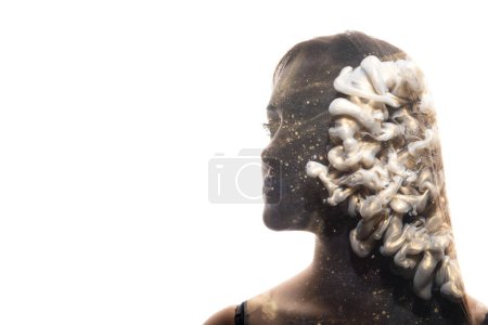 Photo for Beauty art. Glamour portrait. Aesthetic cosmetology. Double exposure golden glitter dust smoke cloud woman face silhouette on white empty space background. - Royalty Free Image