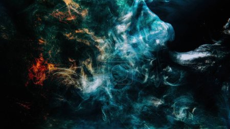 Photo for Mist cloud. Paint water. Fluid splash. Storm wave. Blue orange red color glowing glitter haze floating on dark black abstract art background. - Royalty Free Image