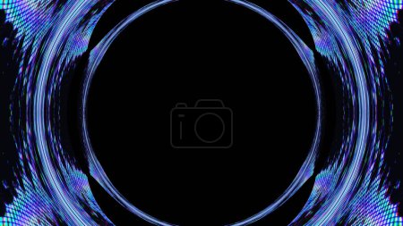 Photo for Digital glow. Futuristic frame. Sci-Fi technology. Fluorescent purple blue color light glitch circle on dark black abstract illustration empty space background. - Royalty Free Image