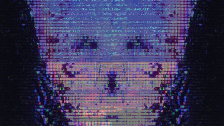 Cyberpanne. Mosaische Textur. Künstliche Intelligenz. Fluoreszierende rosa blaue Farbe Kopf Form Pixel glühen auf dunkel schwarz futuristisch abstrakte Kunst Illustration Hintergrund.