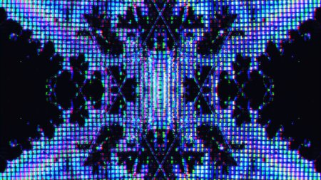 Photo for Glitch glow. Digital fractal. Electronic ornament. Iridescent blue pink yellow color light liquid crystal symmetrical pixel design on dark black abstract illustration background. - Royalty Free Image