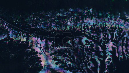 Cyber glitch. Digital pixel. Electronic distortion. Neon iridescent pink blue color glow noise texture on dark black abstract illustration background.