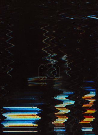 Photo for Glitch overlay. Analog distortion. Noise texture. Orange blue color wave artifacts dust scratches on dark black illustration abstract background. - Royalty Free Image