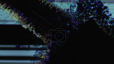 Photo for Pixel glow. Glitch mosaic. LCD screen distortion. Fluorescent blue pink purple color light dots texture on dark black abstract art illustration empty space background. - Royalty Free Image