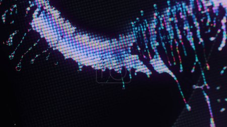 Photo for Digital splash. Glitch glow. Electronic distortion. Fluorescent purple blue color pixel texture liquid crystal splatter on dark black abstract illustration empty space background. - Royalty Free Image