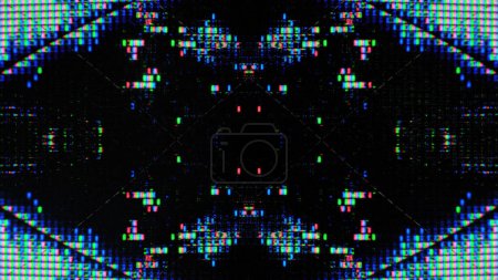 Photo for Glitch pattern. Glowing pixel. Electronic kaleidoscope. Fluorescent blue pink green color light dots symmetrical texture on dark black abstract art illustration background. - Royalty Free Image