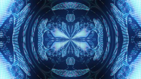 Téléchargez les photos : Ornement scintillant. Mandala futuriste. Illumination de la science-fiction. Fluorescent bleu rose couleur ronde numérique lueur design abstrait art illustration fond. - en image libre de droit