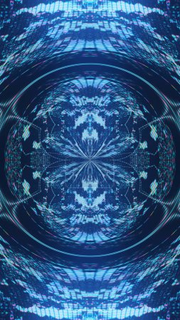Photo for Digital art. Pixel kaleidoscope. Glitch light. Fluorescent blue pink color glow flare round design artifacts texture abstract art illustration background. - Royalty Free Image