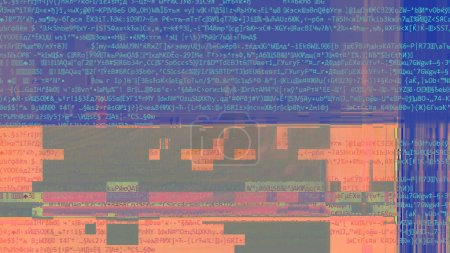 Photo for Computer glitch. Program failure. Hacking attack. Blue orange color pixel noise distortion defect on script text abstract illustration background. - Royalty Free Image