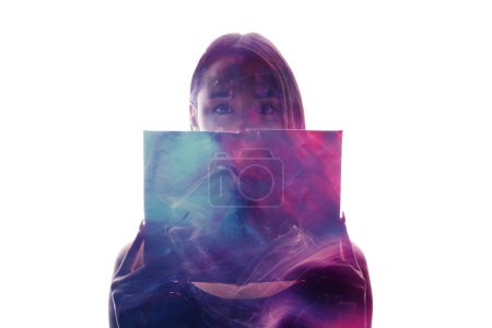Photo for Fairytale book. Magic spell. Double exposure purple pink blue color glowing mist scared disturbed reading woman silhouette on white copy space. - Royalty Free Image