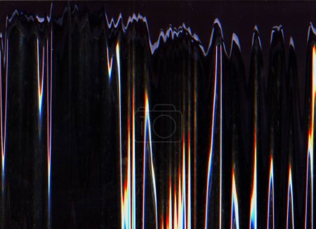 Photo for Glitch overlay. Dust scratches. Distressed screen. Orange purple color wave noise artifacts texture on dark black illustration abstract background. - Royalty Free Image