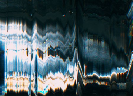 Photo for Glitch texture. Digital artifacts. Screen distortion. Blue white orange color wave static noise on dark black illustration abstract background. - Royalty Free Image