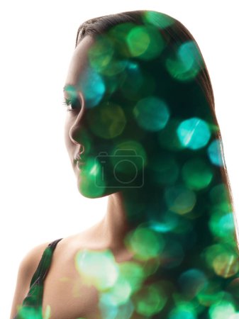 Photo for Eco beauty. Art portrait. Health wellness. Double exposure green blue color bokeh light circles inspired woman face silhouette on white. - Royalty Free Image