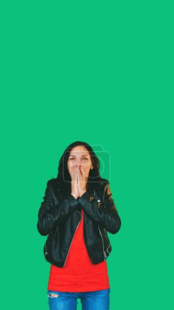 Photo for Pleasant surprise. Happy woman. Unbelievable news. Joyful girl feeling amazed cheerful expression isolated on green empty space background. - Royalty Free Image