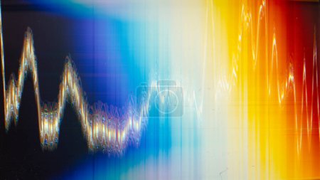 Photo for Glitch glow. Color distortion noise. Old film texture. Blue orange white vibration artifacts dust scratches on black illustration abstract background. - Royalty Free Image